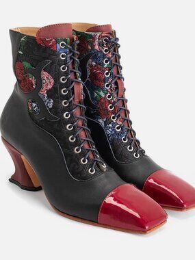 John Fluevog Black Lace-Up Ankle Boot with Red Patent Toe and Brown Heel